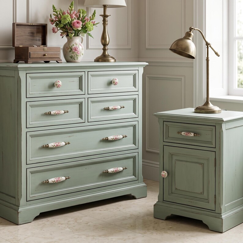 May include: A sage green wooden chest of drawers with four drawers and a matching bedside table with one drawer and one cupboard door. Both pieces feature white ceramic knobs and handles decorated with pink floral patterns and brass-toned metal hardware.
