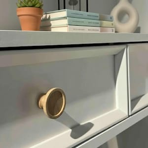 Op de afbeelding: Een witte kast met een licht houten ladeknop. Een kleine terracotta pot met een vetplant staat op de bovenste plank, samen met een stapel boeken en een witte vaas.