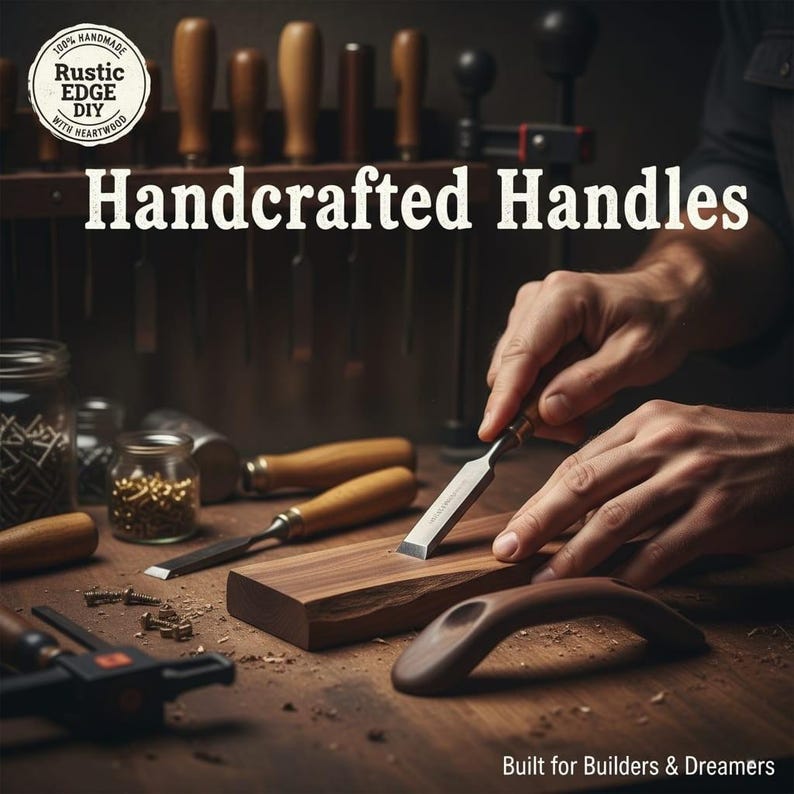 May include: A woodworker uses a metal chisel to carve a piece of wood. The scene includes various wooden-handled tools, a glass jar of screws, and a finished wooden handle. Text reads: Rustic Edge DIY Handcrafted Handles Built for Builders & Dreamers.