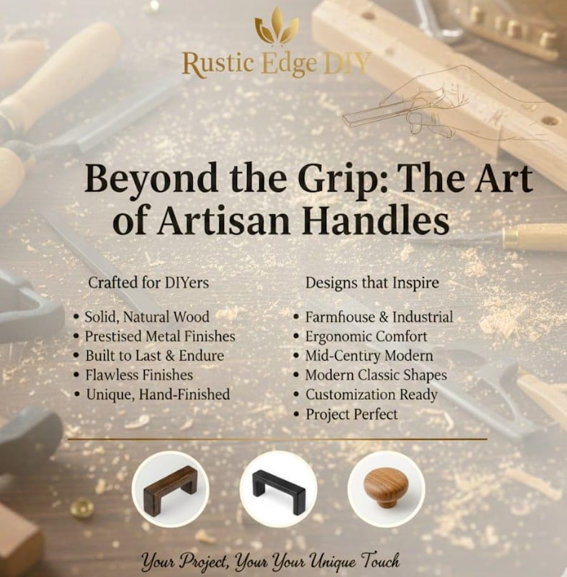 May include: A promotional graphic for Rustic Edge DIY featuring the text Beyond the Grip: The Art of Artisan Handles. The image displays three cabinet hardware pieces: a rectangular dark wood pull, a black metal pull, and a round wood knob.