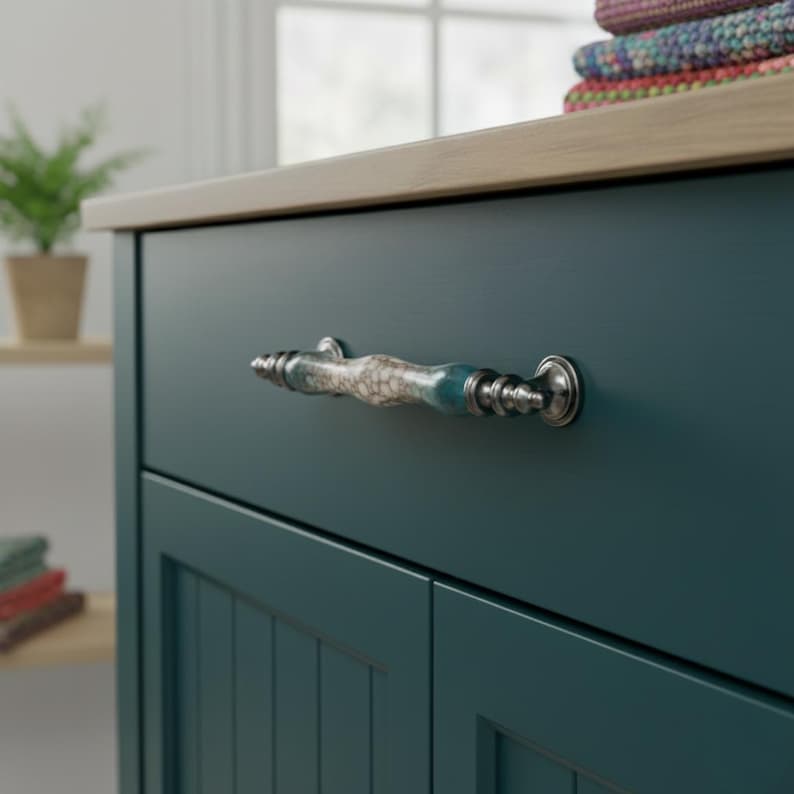 May include: A teal cabinet with a decorative handle. The handle features a marbled design in blue, white, and brown. The cabinet has a light wood countertop. A small potted plant is visible. The cabinet is near a window.