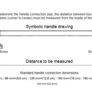May include: Diagram showing how to measure handle connection size for furniture. Includes a symbolic handle drawing, labelled "Distance to be measured," and standard dimensions in mm and cm.