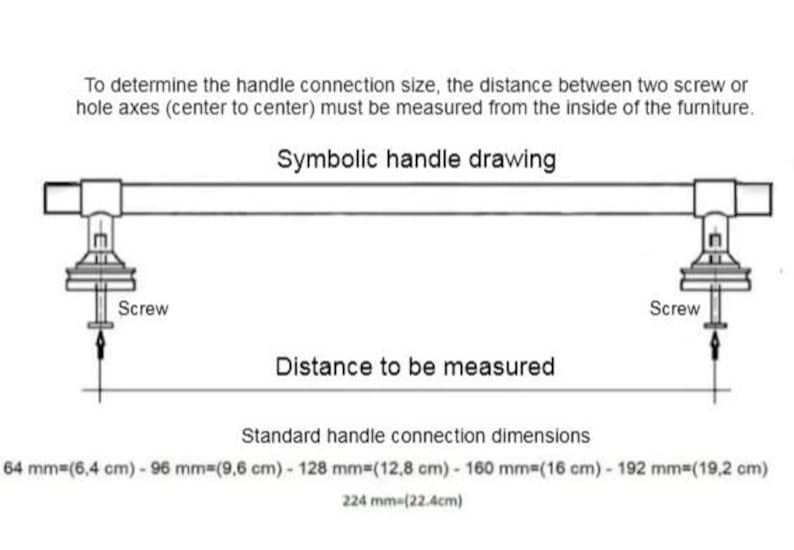 May include: Diagram showing how to measure handle connection size for furniture. Includes a symbolic handle drawing, labelled "Distance to be measured," and standard dimensions in mm and cm.