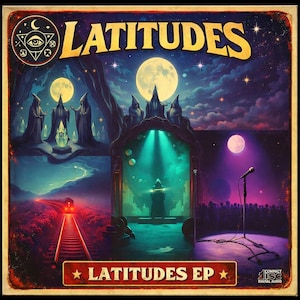 Puede incluir: Portada del álbum "LATITUDES EP" con una ilustración surrealista de estilo vintage. El diseño incluye un cielo nocturno con lunas, figuras con túnicas, un tren sobre vías y un escenario con un micrófono. El título está en letras doradas.