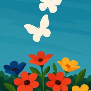 Pode incluir: Ilustração de uma cena de jardim vibrante com duas borboletas brancas voando sobre flores coloridas. As flores são vermelhas, amarelas e azuis, contra um céu azul e folhagem verde.