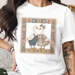 Oies de campagne vintage, conception numérique PNG en patchwork éco-responsable, animal rétro confortable Cottagecore, t-shirts, imprimable 300 DPI téléchargement immédiat