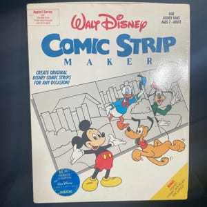May include: A Walt Disney Comic Strip Maker box featuring Mickey Mouse, Donald Duck, Goofy, and Pluto. The box is white with blue and red text, and includes the text "Create Original Disney Comic Strips for Any Occasion!"