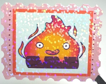 Calcifer Laminated Vinyl Sticker: Glittery Studio Ghibli Decal for Laptops and Journals