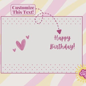 K&ouml;nnte beinhalten: Geburtstagskartendesign mit hellgrauem Hintergrund, rosa Herzen und dem Schriftzug "Happy Birthday!" in handschriftlichem Stil. Die Karte hat einen rosa Rand mit kleinen Herzen und einen gestreiften Hintergrund in Rosa und Gelb.