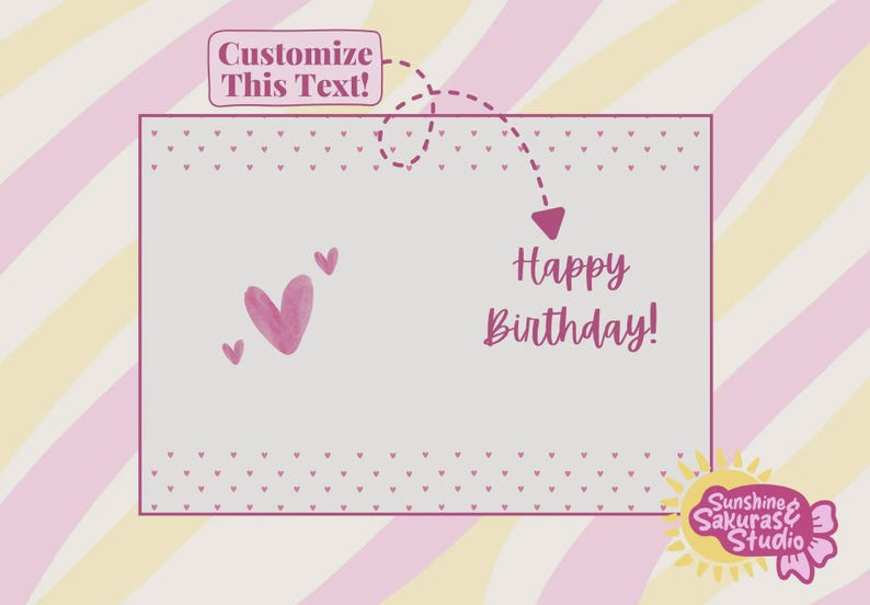 K&ouml;nnte beinhalten: Geburtstagskartendesign mit hellgrauem Hintergrund, rosa Herzen und dem Schriftzug "Happy Birthday!" in handschriftlichem Stil. Die Karte hat einen rosa Rand mit kleinen Herzen und einen gestreiften Hintergrund in Rosa und Gelb.
