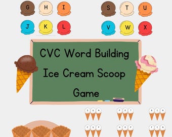 May include: An educational game with ice cream scoops labelled A-X and CVC word-building cones. A green chalkboard displays the game title. Includes ice cream cones and word examples.