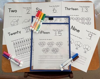 Puede incluir: Hojas de trabajo educativas con números e ilustraciones, incluyendo los números Dos, Seis, Trece, Veinte, Quince y Nueve. Las hojas de trabajo presentan ejercicios de trazado y actividades de conteo, junto con marcadores de colores.