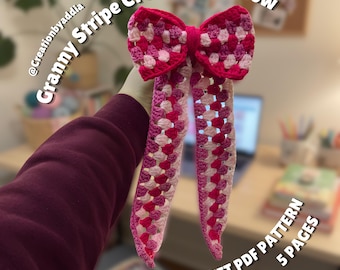 Handmade Crochet Hair Bow Pattern PDF | Pink Bow Valentine Crochet Headband Gift | Granny Square Cute Crochet Fashion Headwear Accessories