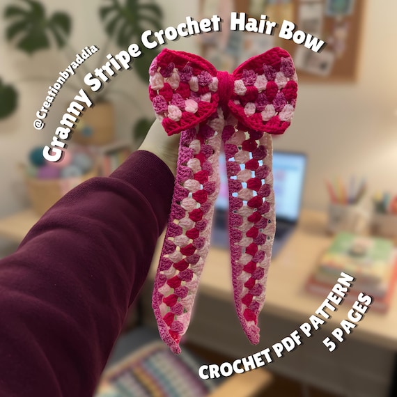 Handmade Crochet Hair Bow Pattern PDF | Pink Bow Valentine Crochet Headband Gift | Granny Square Cute Crochet Fashion Headwear Accessories