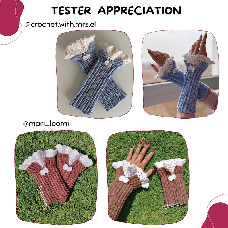 Blue and brown fingerless mittens showcased by testers, created with this crochet hand warmers pattern pdf.