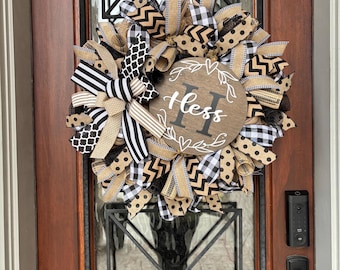 Personalized Farmhouse Wreath: Black Burlap Front Door Decor