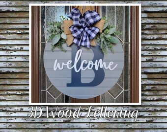 Front Door Decor, Grey Shiplap Style Door Sign, Personalized Welcome Farmhouse Door Hanger, 3D Home Front Door Wreath