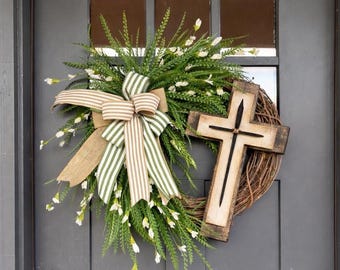 Christian Grapevine Beaded Fern Wreath, Easter Cross Front Door Decor