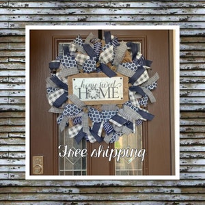 Front Door Decor Navy Home Sweet Home Sign, Everyday Farmhouse Porch All Seasons Wreath