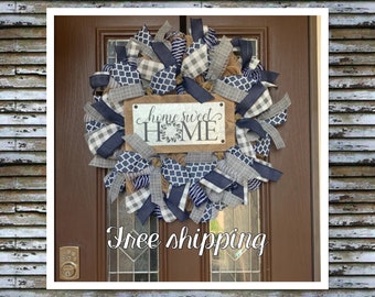 Front Door Decor Navy Home Sweet Home Sign, Everyday Farmhouse Porch All Seasons Wreath