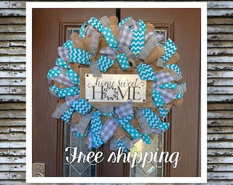 Turquoise Burlap Farmhouse Wreath: Home Sweet Home Decor
