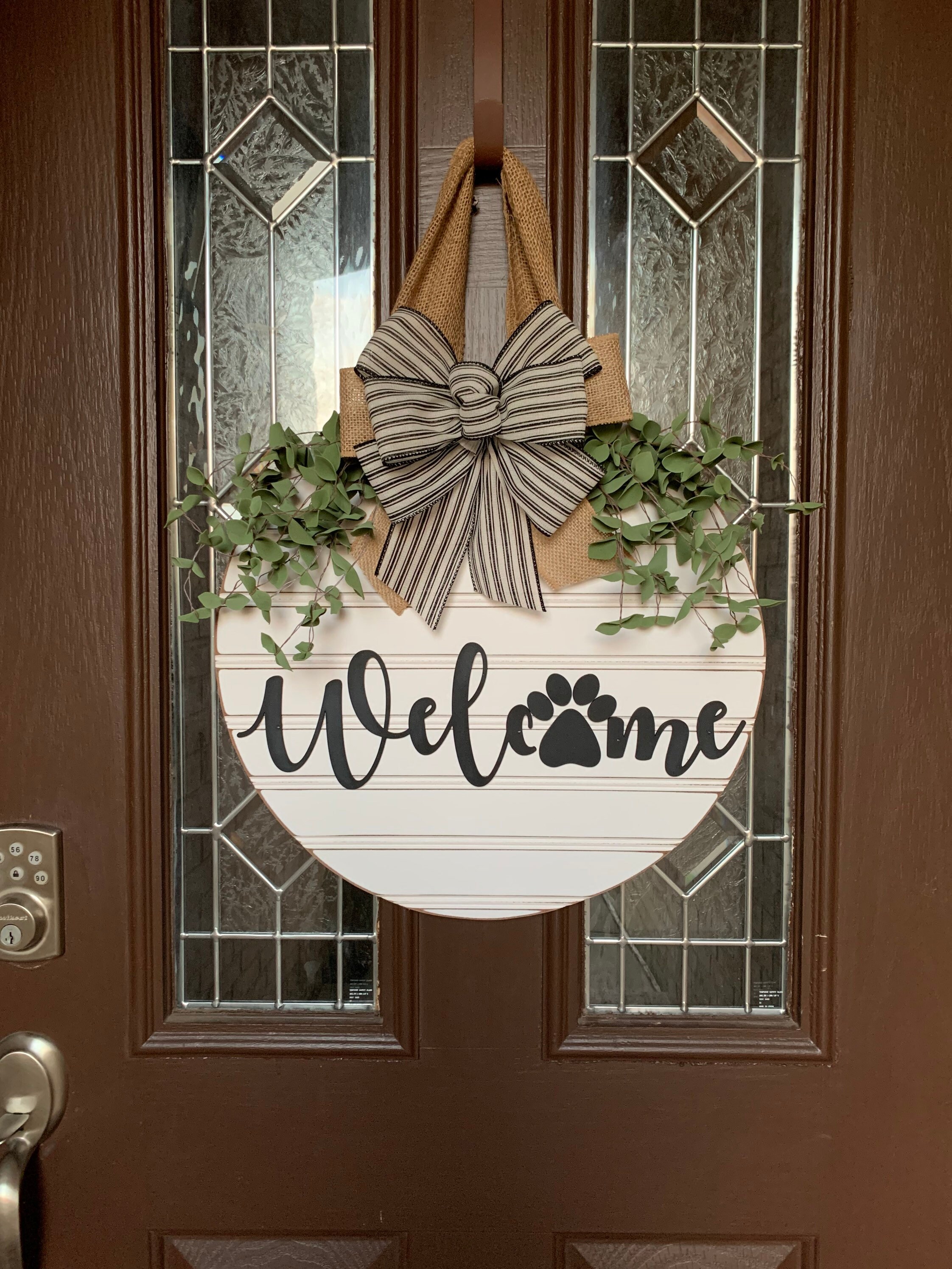 Welcome Shiplap Style Door Sign, Black Striped Ribbon, Paw Print Whit…