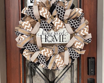 Home Sweet Home Wreath: All Seasons  Burlap Farmhouse Front Door Decor