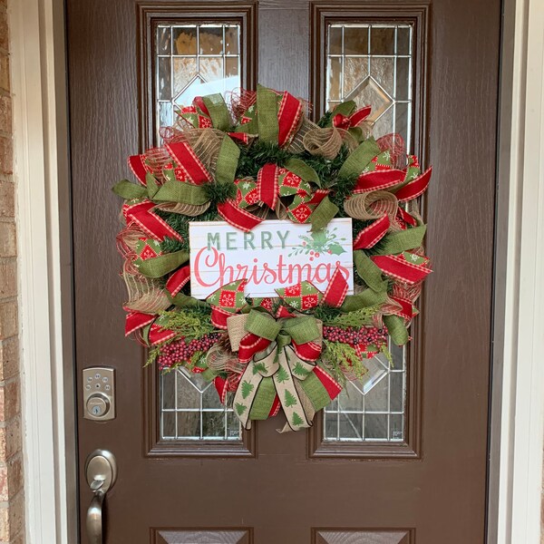 Merry Christmas Wreath - Deco Mesh Christmas Wreath - Farmhouse Wreath - Holiday Wreath - Burlap Christmas Wreath  Ready to ship