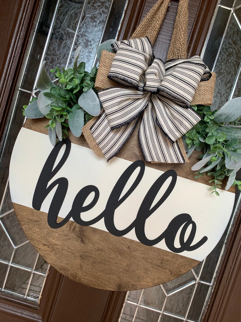 Front Door Decor, Hello Wood Sign, Black Door Hanger, All season Wreath image 5