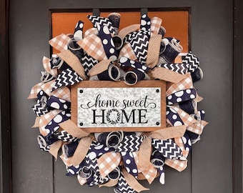 Home Sweet Home Wreath: Navy Burlap Farmhouse Door Decor