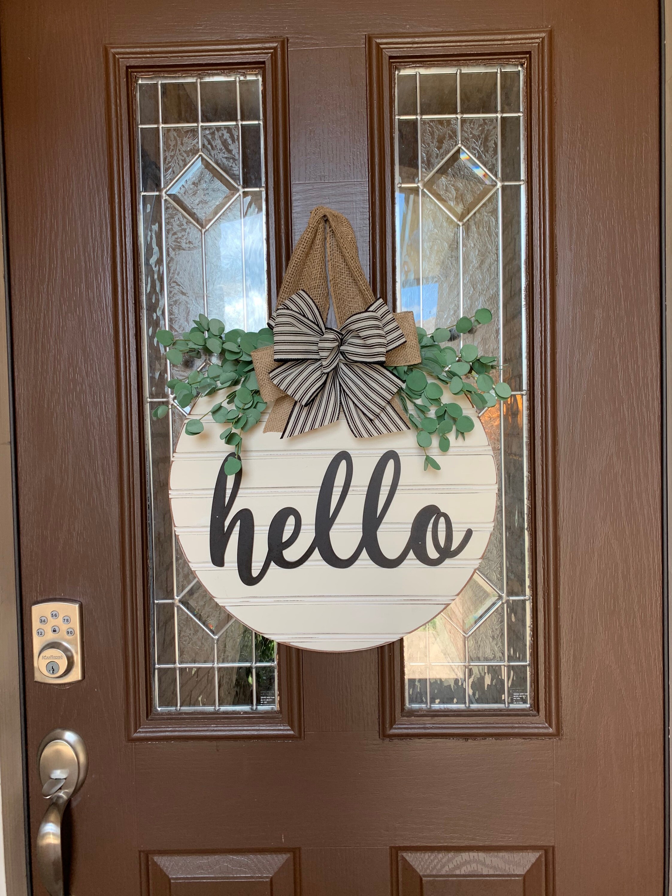 Hello Cream Shiplap Style Door Sign, Hello Farmhouse Door Hanger, Bla…
