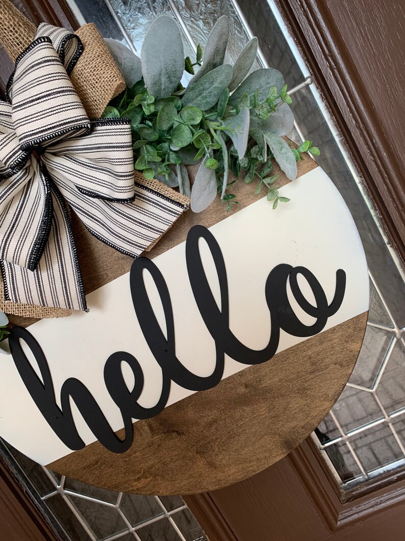 Front Door Decor, Hello Wood Sign, Black Door Hanger, All season Wreath image 4