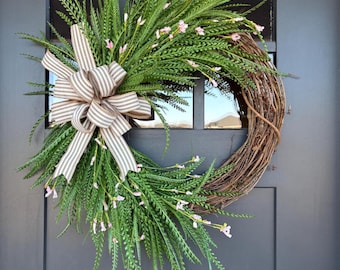 Modern Farmhouse Beaded Fern Greenery Wreath with customizable Bow | Front Door Decor