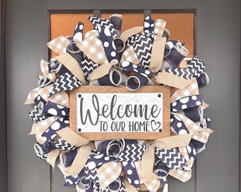 Navy Welcome Wreath: All Seasons Front Door Decor, Farmhouse