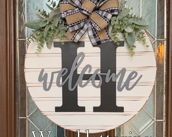 Front Door Decor, Last Name/Initial Wood Sign, Personalized Year Round Wreath, Front Door Hanger