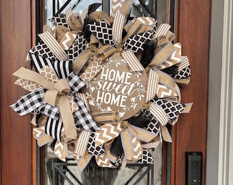 Home Sweet Home Wreath — Neutral Burlap & Black Ribbon Front Door Decor