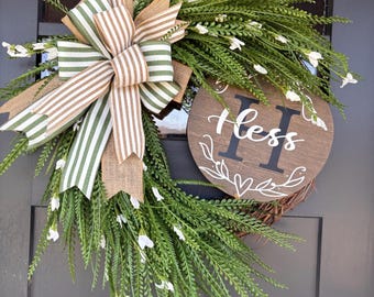 Bead Grass Wreath, Button Fern Wreath, All Season Front Door Wreath, Modern Farmhouse Door Decor