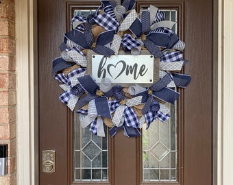 Navy Burlap Wreath: Farmhouse Home Sign Front Door Decor