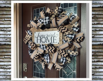 Front Door Decor, Home Sweet Home Wreath- Black Burlap Wreath - Everyday Farmhouse Wreath - All Seasons Wreath - Burlap Wreath
