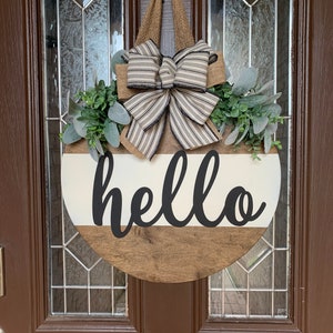 Front Door Decor, Hello Wood Sign, Black Door Hanger, All season Wreath image 1