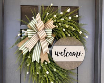 Bead Grass Welcome Wreath, Button Fern Wreath, All Season Modern Farmhouse Front Door Decor
