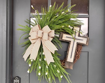 Rustic Cross Wreath, Button Fern Farmhouse Door Decor, Beaded Fern  Customizable Bow