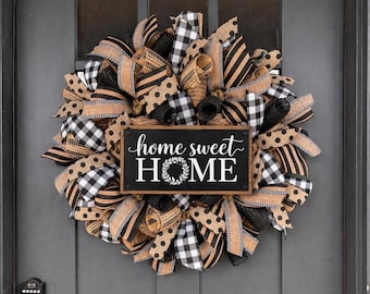 Neutral Farmhouse Mesh Wreath with Choice of Rustic Wood Sign | Christian Front Door Decor