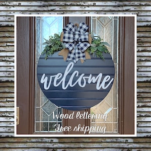 Front Door Decor, Welcome Navy Blue Door Sign, Farmhouse Door Wreath, Front Door Hanger
