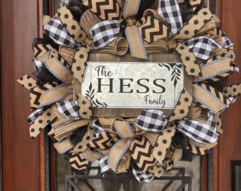 Personalized Family Name Wreath: Farmhouse Burlap Front Door Decor