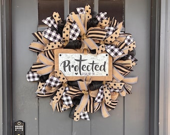 Protected Psalm 91 Wreath: Black Burlap Farmhouse Decor