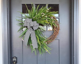 Modern Farmhouse Sawgrass Wreath with Customizable Bow | Front Door Grapevine Decor