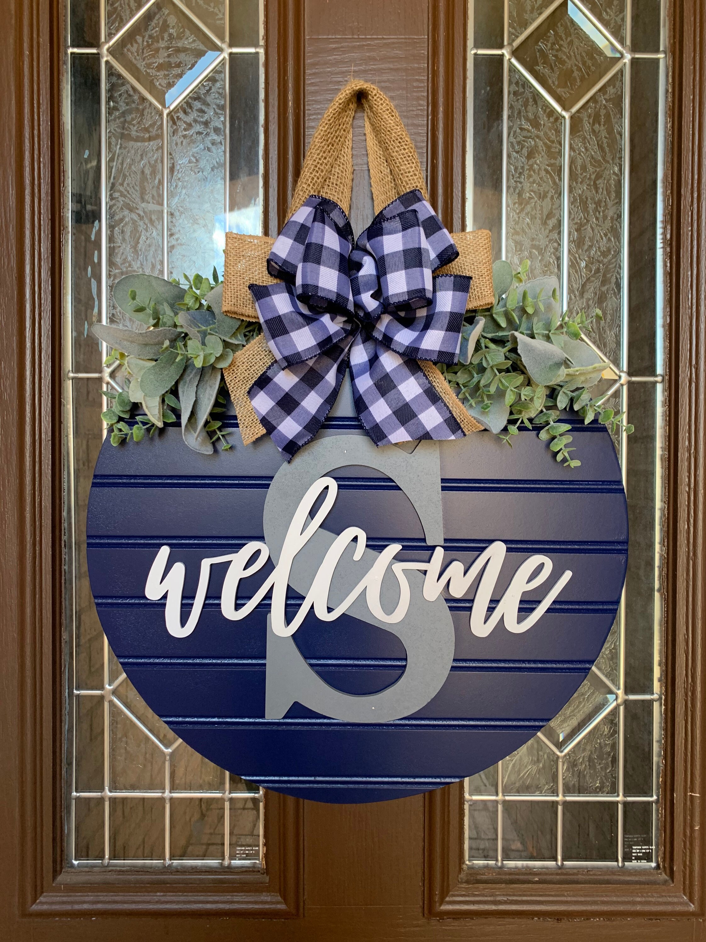 Navy Blue Shiplap Style Door Sign, Personalized Gray Welcome Farmhous…