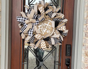 He Is Risen Wreath: Black Burlap Farmhouse Door Decor