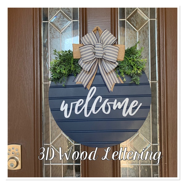Front Door Decor, Navy Blue Shiplap Style Door Sign, Front Door Wreath, Welcome Farmhouse Door Hanger, Navy Striped Ribbon Front Door Wreath
